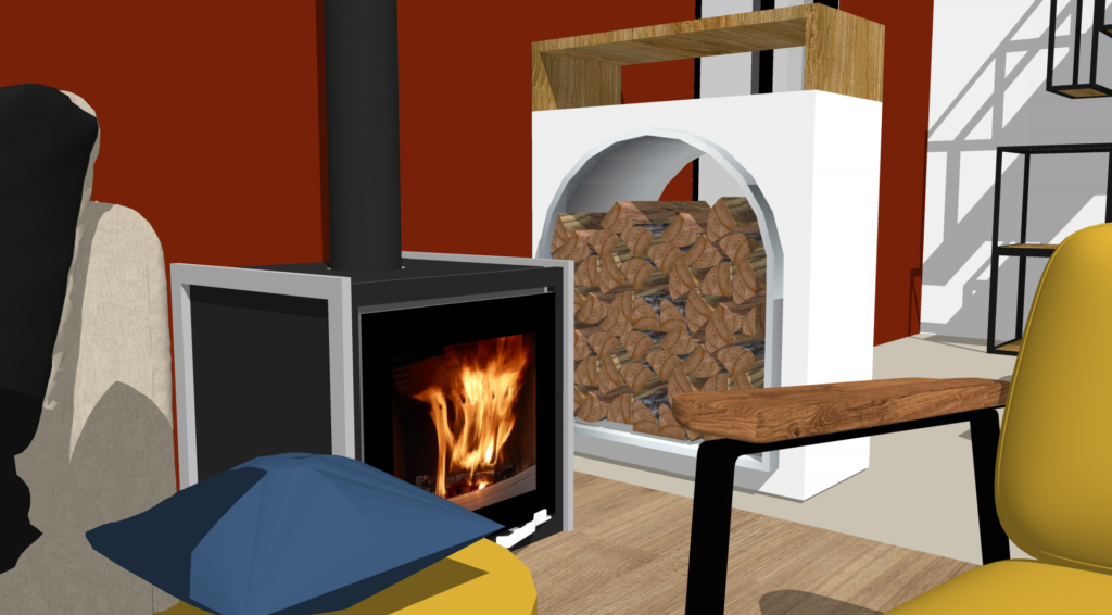 Illustration du meuble placé à côté de la cheminée accueillant les bûches de bois